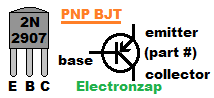 2N2907 pin layout and PNP BJT schematic symbol by Electronzap