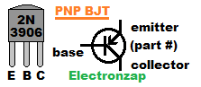 2N3906 pin layout and PNP BJT schematic symbol by Electronzap
