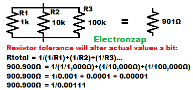 Parallel resistor formula for 2 or more resistors with 1k plus 10k plus 100k example