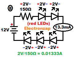 Red LEDs connected in series for more light and less waste heat from a higher voltage schematic diagram by electronzap