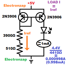 1mA PNP BJT current mirror circuit using two 2N3906 with LED load schematic by electronzap