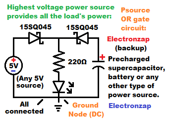 Backup power demo circuit using completely separate supplies with diode OR gate by electronzap