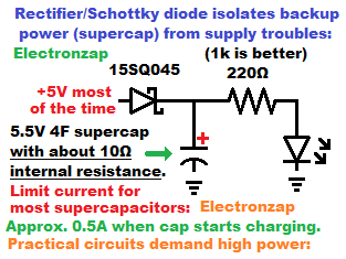 Basic backup power using supercap with internal resistance demo circuit schematic