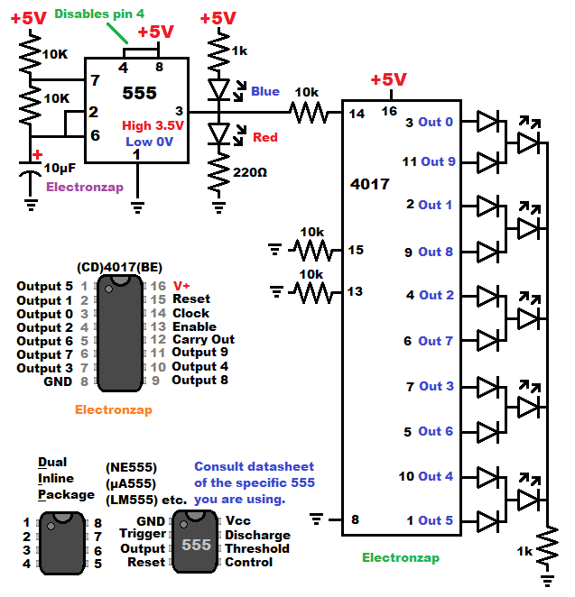 Five LED Knight Rider chaser using 4017 and astable 555 timer circuit schematic by electronzap