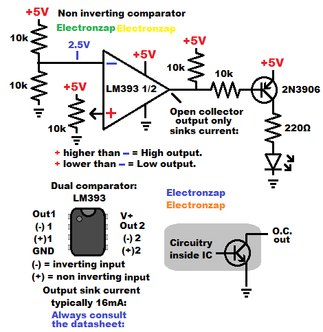 LM393 comparator IC non inverting switching 2N3906 PNP BJT with LED load schematic diagram