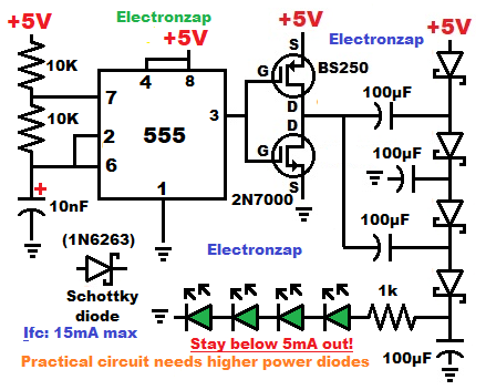 Low power Schottky diode voltage tripler using astable 555 timer controlled MOSFET signal inverter