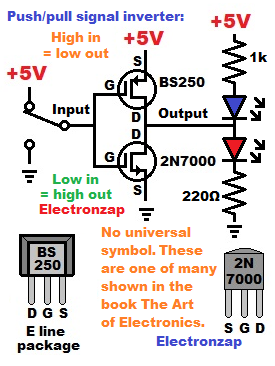 MOSFET push pull signal inverter using N and P channel enhancement schematic diagram by electronzap