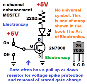 N channel enhancement mode MOSFET 2N7000 switching LED schematic diagram pin layout by electronzap