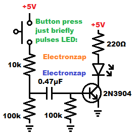 One rapid LED light pulse per press of push button switch circuit using 2N3904 NPN BJT