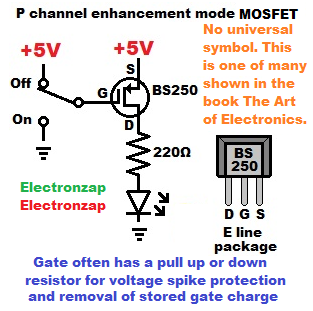 P channel enhancement mode MOSFET switch circuit schematic diagram BS250 pin layout by electronzap
