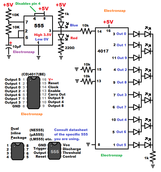 Six LED Knight Rider chase circuit using CD 4017 and astable mode 555 timer by electronzap