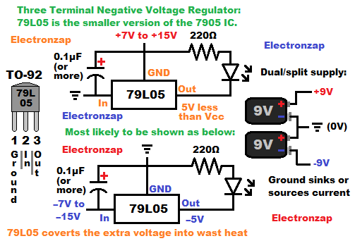 5V across LED load using 79L05 Three Terminal Negative Voltage Regulator IC schematic diagram