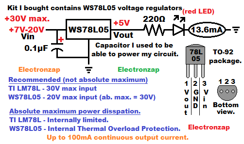 78L05 voltage regulator in TO92 package demo circuit schematic diagram by electronzap