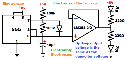 Alternating fading on and off LEDs using op amp voltage follower of 555 timing capacitor