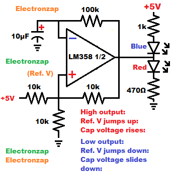 LM358 Op Amp Astable Multivibrator demo circuit alternating LEDs schematic diagram by electronzap