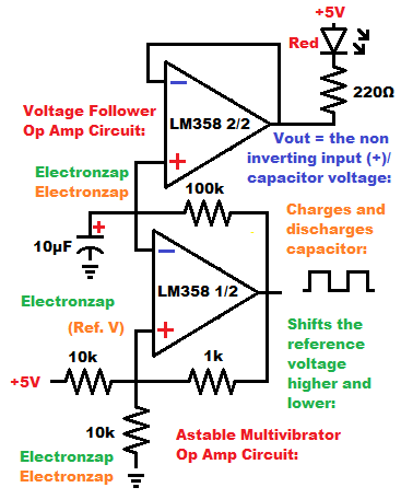 LM358 Op Amp fades an LED on and off while charging and discharging a capacitor circuit schematic
