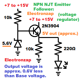 NPN BJT Emitter Voltage Follower wired as 5V Regulator using Zener diode schematic diagram