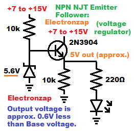 NPN BJT Emitter Voltage Follower Regulator using Zener Diode - Electronzap