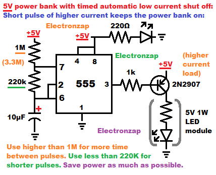 Preventing power bank low current shut off with short higher current pulses circuit schematic