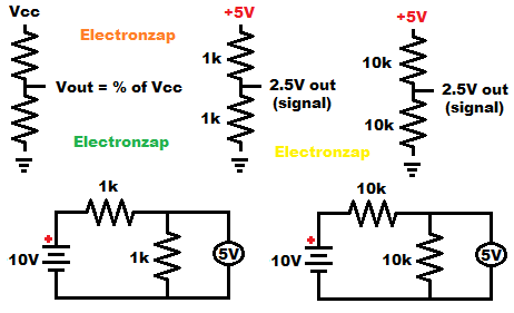 One half voltage divider schematic using 2 equal value resistors diagrams by Electronzap