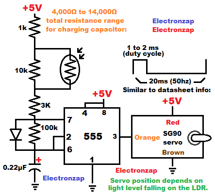 SG90 servo position set with light dependent resistor LDR and 555 timer circuit schematic
