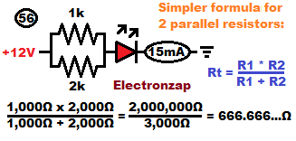 Two unequal parallel resistors for 15mA of current through a red LED powered with 12V