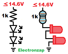 12V LiFePO4 can power two series LEDs and 1k current limiting resistor