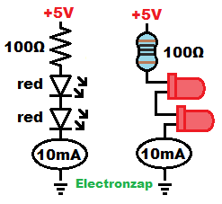 5V powering two series red LEDs and 100 ohm protective resistor circuit