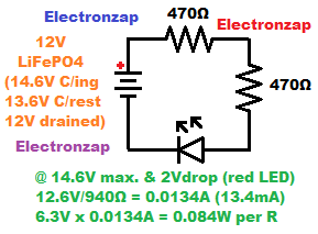 LED circuit powered with 12V LiFePO4 battery schematic diagram