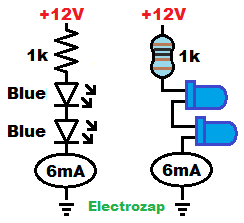 Two Blue LEDs in series with 1k protective resistor powered by 12V