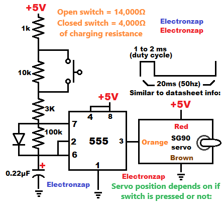 2 position SG90 servo circuit using 555 timer and push button switch schematic diagram by Electronzap