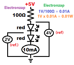 2 and 4 volt references using two red LEDs demo circuit schematic by Electronzap